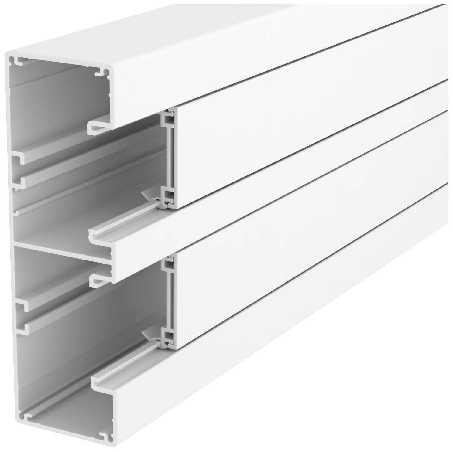 Coupe transversale d'un profilé en aluminium blanc à plusieurs chambres, adapté à la construction de cadres et de poutres structurels.
