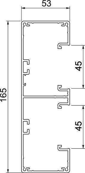 Dessin schématique d'un profil avec les dimensions de 53 mm de largeur et 165 mm de hauteur. Trois zones de taille égale de 45 mm chacune sont représentées.