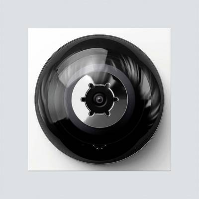 Design d'une caméra de sécurité ronde, positionnée de manière centrale sur un fond gris, avec un boîtier noir et un objectif au centre.