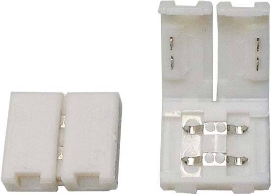 'Deux connecteurs en plastique blanc, l'un ouvert, l'autre fermé. Ils possèdent des contacts métalliques pour connecter des câbles.'
