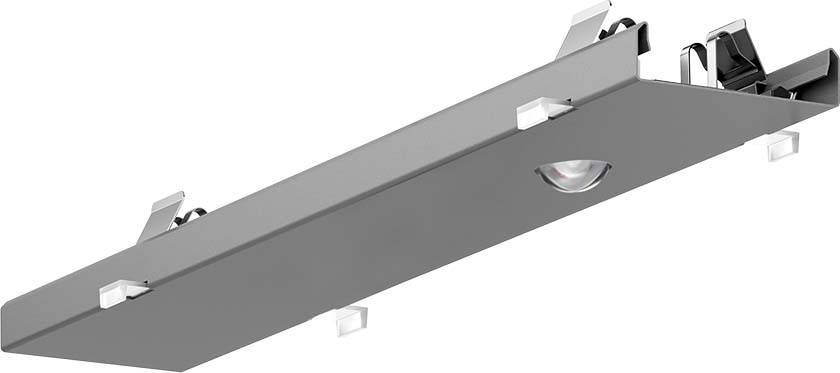 Profilé métallique gris avec capteur de lumière et de mouvement intégré. Adapté pour l'installation dans les structures de plafond pour l'éclairage et la surveillance.