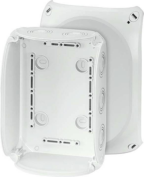 Un boîtier en plastique blanc rectangulaire avec plusieurs ouvertures rondes et points de fixation, adapté pour l'installation électrique.