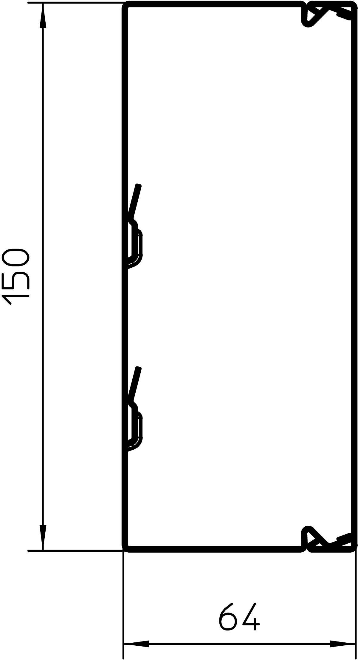 Dimensions d'un rectangle : 150 mm de hauteur, 64 mm de largeur, avec quatre raccordements d'angle.