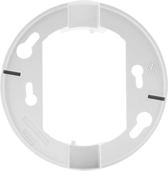 Un support rond, blanc et vide en plastique, doté de plusieurs trous de fixation pour la pose sur un mur ou une autre surface.