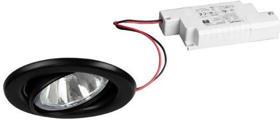 Spot encastrable LED avec cadre noir et câble, raccordé à un transformateur blanc. Idéal pour les styles de décoration modernes.