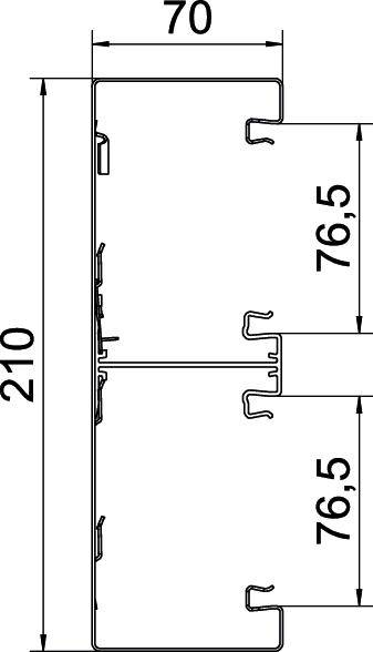 Dessin technique d'un profil avec dimensions : Hauteur 210, Largeur 70. Deux sections horizontales, chacune haute de 76,5.