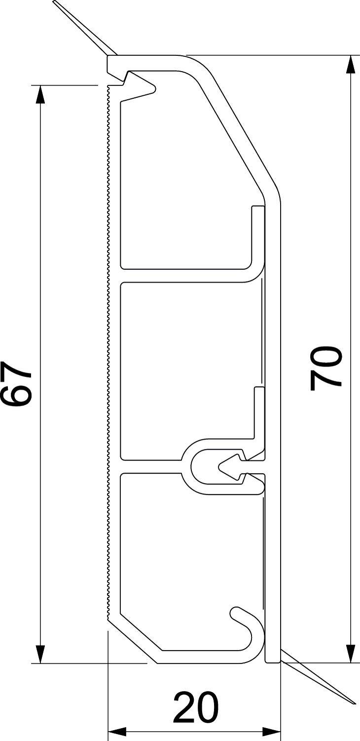 Dessin technique d'une coupe transversale d'un profilé. Dimensions de 67 et 70 mm en hauteur, 20 mm en largeur.