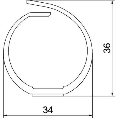 Coupe transversale d'une structure de tube profilé métallique rond, avec une hauteur de 36 mm et une largeur de 34 mm.