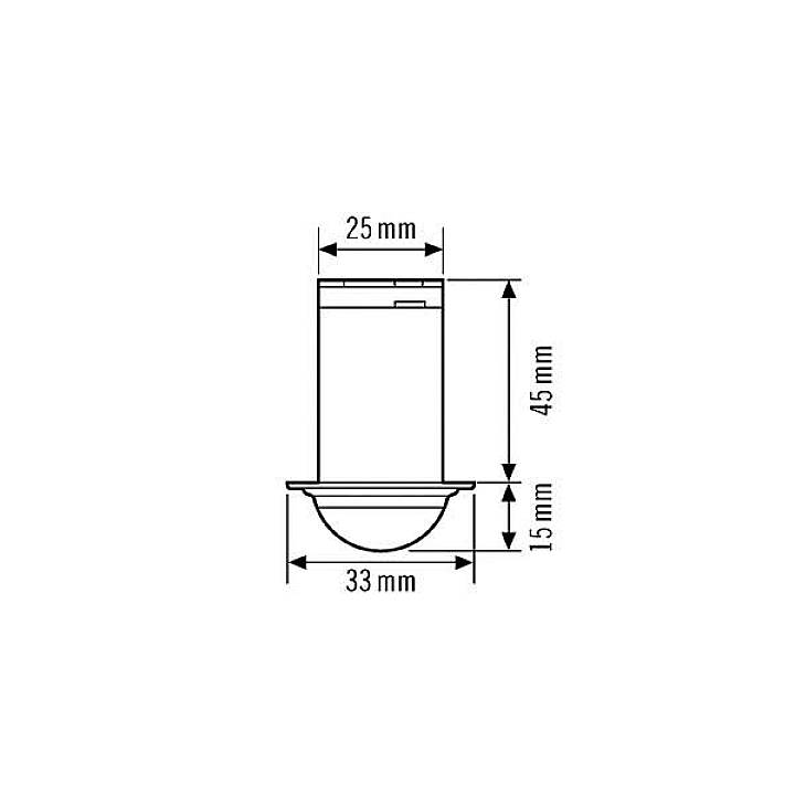 Dessin technique d'un composant cylindrique avec les dimensions suivantes : largeur 25 mm, hauteur totale 45 mm, profondeur générale 15 mm, largeur du socle 33 mm.