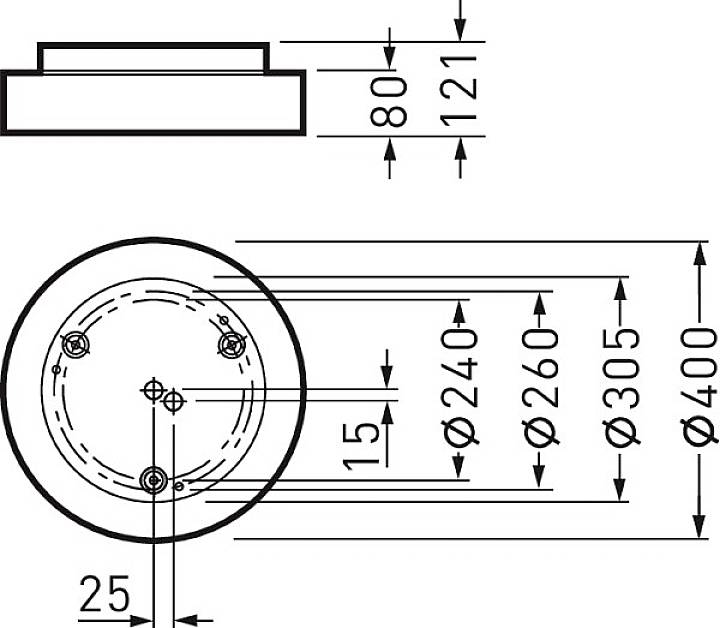 Dessin technique : Une plaque circulaire percée de plusieurs trous, avec différents diamètres et espacements indiqués.
