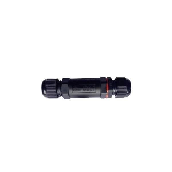 Un connecteur de câble noir étanche, adapté à une utilisation en extérieur, présentant une isolation et un scellement pour les connexions électriques.