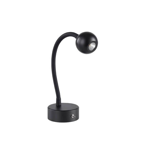 Une lampe de lecture noire, flexible, avec une tête ronde posée sur un socle cylindrique. Elle dispose d'un interrupteur sur le socle.