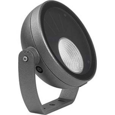 Un projecteur LED gris et rond, avec support réglable, adapté aux utilisations intérieures et extérieures, présente sa lentille frontale.