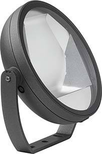 Une lampe extérieure ronde, noire et moderne avec un réflecteur incliné qui diffuse la lumière de manière plus efficace. Idéale pour l'éclairage de bâtiments.