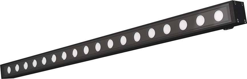 Une barre diagonale noire avec une rangée de lumières circulaires blanches régulièrement réparties.
