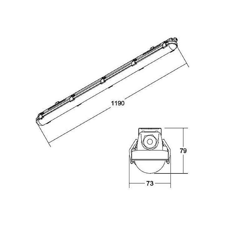 Dessin technique d'un luminaire avec les dimensions suivantes : longueur 1190 mm, largeur 73 mm, hauteur 79 mm. Vue latérale et vue frontale représentées.