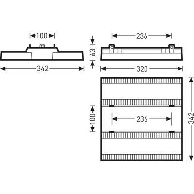 Dessin technique d'un objet rectangulaire avec dimensions : largeur 342 mm, hauteur 63 mm, profondeur 236 mm, représenté en vue de dessus et vue latérale.