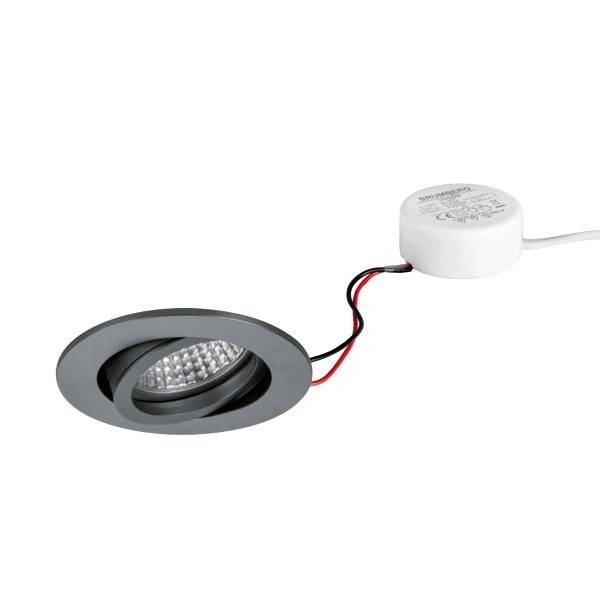 Spot LED encastrable en noir avec cadre rond et transformateur intégré. Le spot présente une lentille structurée. Idéal pour l'éclairage intérieur.