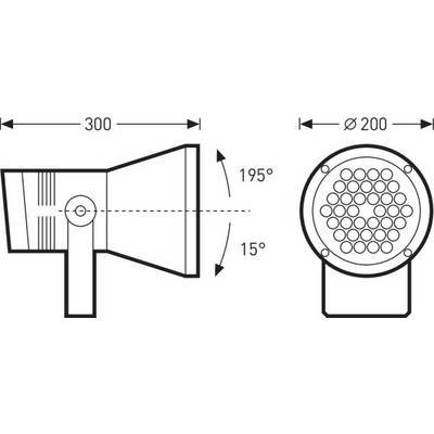 Dessin d'un haut-parleur avec deux vues. À gauche : vue latérale avec dimensions de 300 mm de longueur, angle d'inclinaison de 15-195 degrés. À droite : vue de face, diamètre de 200 mm.