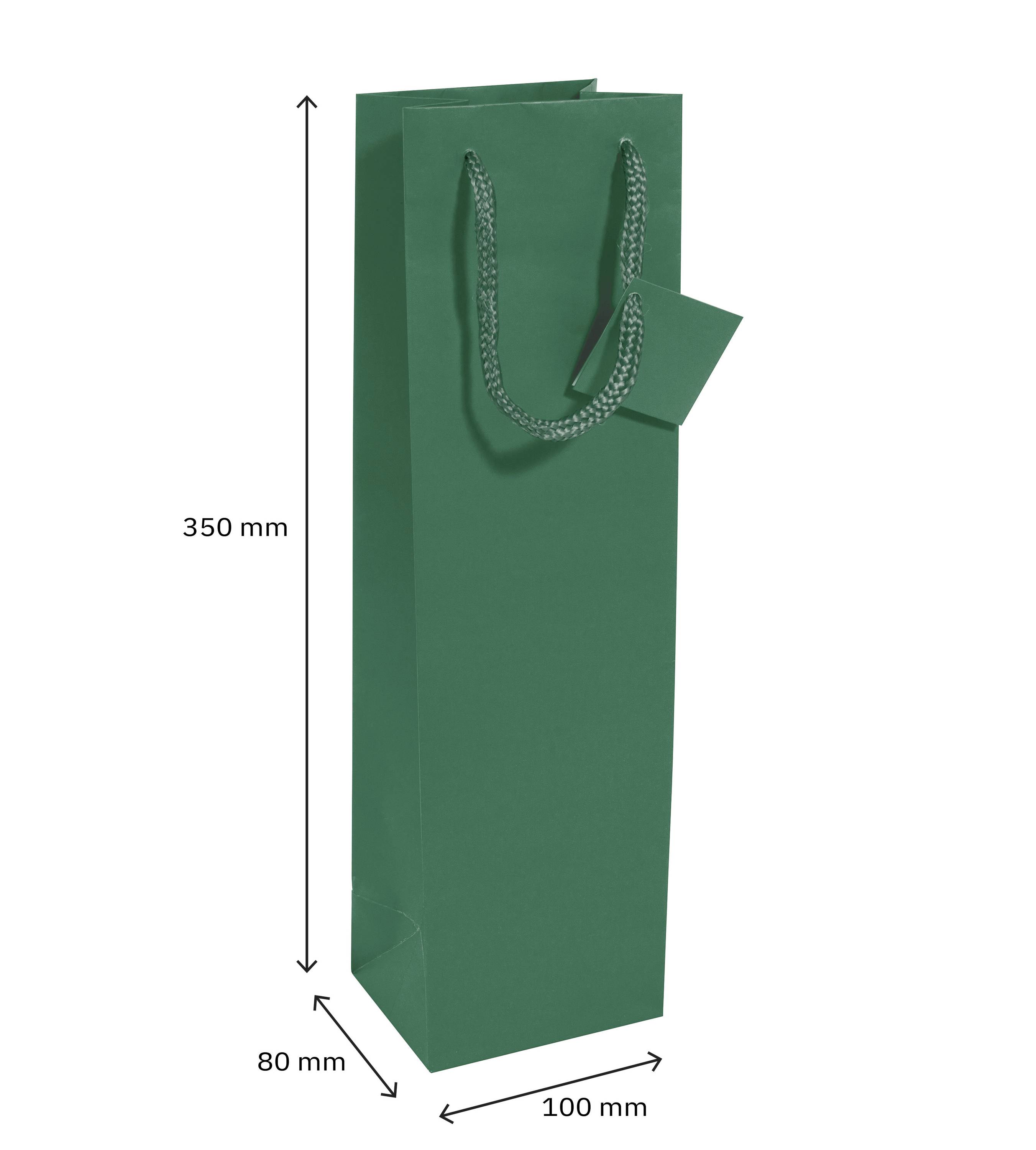 Sac cadeau vert avec deux anses, rectangulaire, dimensions : 350 mm de hauteur, 100 mm de largeur, 80 mm de profondeur, adapté pour les bouteilles.