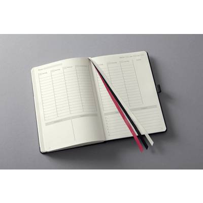Planificateur de notes ouvert avec plusieurs sections, colonnes pour les tâches et de l'espace pour les notes. Trois rubans signets de différentes couleurs.