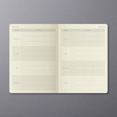 Un carnet ouvert sur un fond gris, montrant des tableaux pour "Mes objectifs" avec des catégories telles que "Vie personnelle" et "Carrière".
