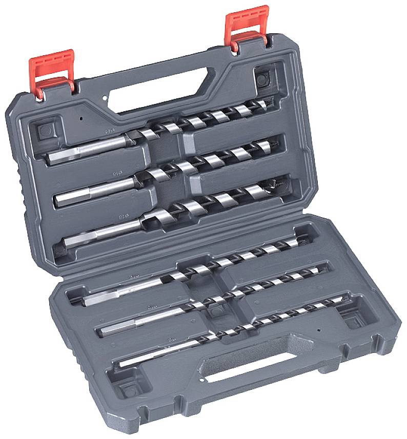 Mallette en plastique ouverte contenant plusieurs forages de différentes tailles, soigneusement rangés dans leurs supports prévus à cet effet.