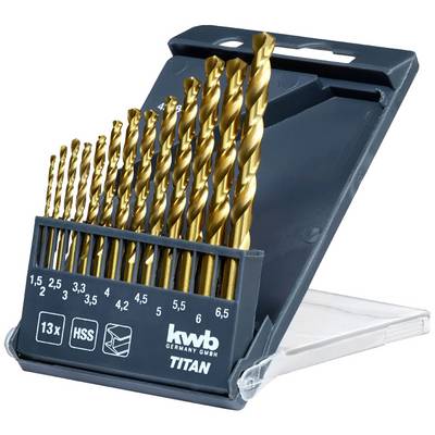 Un ensemble de 13 forets hélicoïdaux en titane doré, de différentes tailles, allant de 2 mm à 6,5 mm, rangés dans un support en plastique noir.