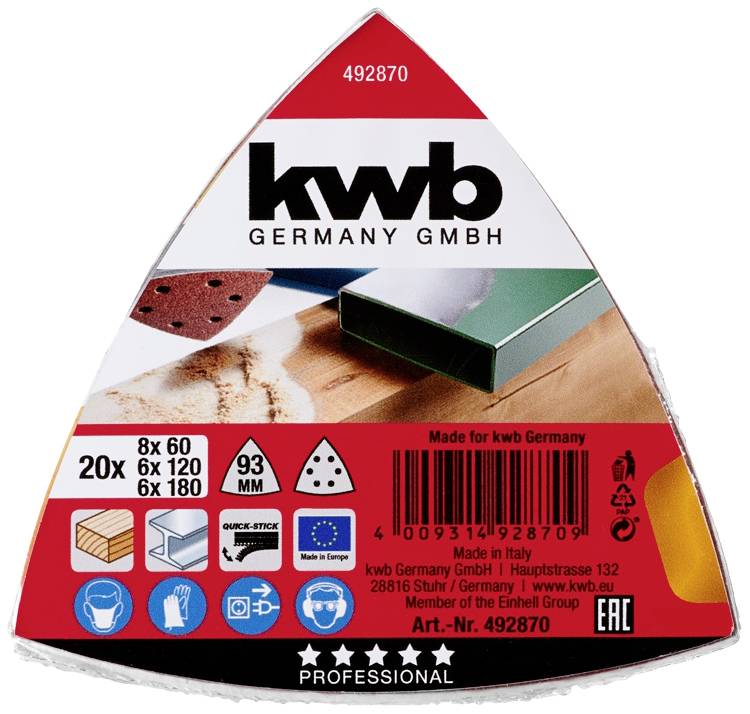 'Emballage triangulaire de papier de verre, marque "kwb Germany GmbH". Contient des grains 60, 120, 180. Taille : 93 mm. Fabriqué en Italie.'