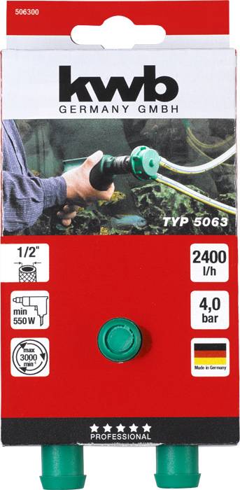 Emballage d'un distributeur d'eau de 'kwb Germany GmbH', type 5063, indiquant : 2400 l/h, 4,0 bars, 1/2", min. 550 W, fabriqué en Allemagne.