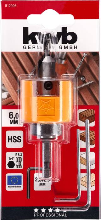 Coffret de mèches de forage de kwb Germany GmbH, composé de différentes embouts et accessoires, notamment une clé Allen. L'emballage indique une taille de 6 mm, un matériau HSS et le sceau de qualité européen.