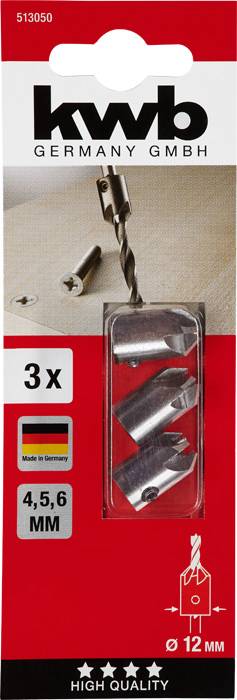 Emballage de tarauds de la marque 'kwb Germany GmbH', en tailles 4, 5, 6 mm, fabriqués en Allemagne, de haute qualité.