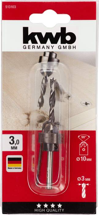 Emballage d'un foret de 3 mm de 'kwb Germany GmbH', incluant une butée de profondeur et un mandrin. Adapté pour les perçages dans le bois.
