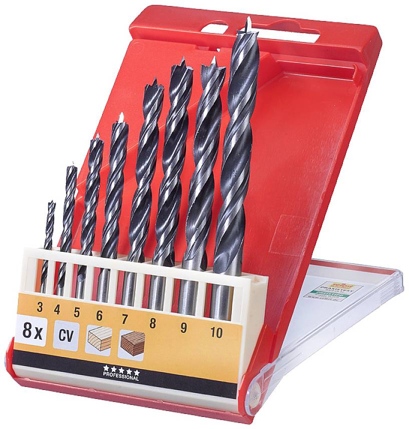 Coffret de 8 forets en étui rouge, adapté pour les perçages bois et métal, triés par taille de 3 à 10 mm.