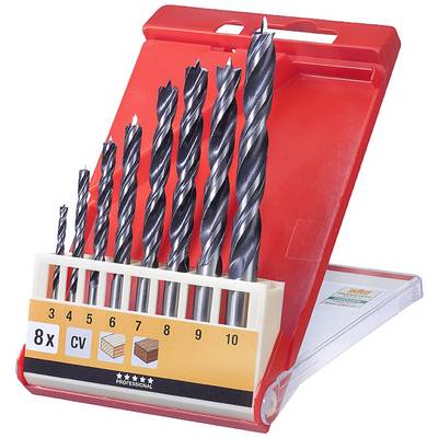 Coffret de 8 forets en étui rouge, adapté pour les perçages bois et métal, triés par taille de 3 à 10 mm.