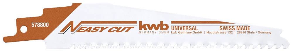 Lame de scie sabre avec l'inscription 'Easy Cut', 'kwb Universal', 'Swiss Made'. Design orange et blanc, dentelure à transition fluide.