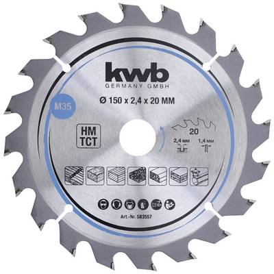 Lame de scie circulaire avec 20 dents, diamètre 150 mm, pour bois et autres matériaux, marque 'kwb Germany GmbH', numéro d'article 583557.