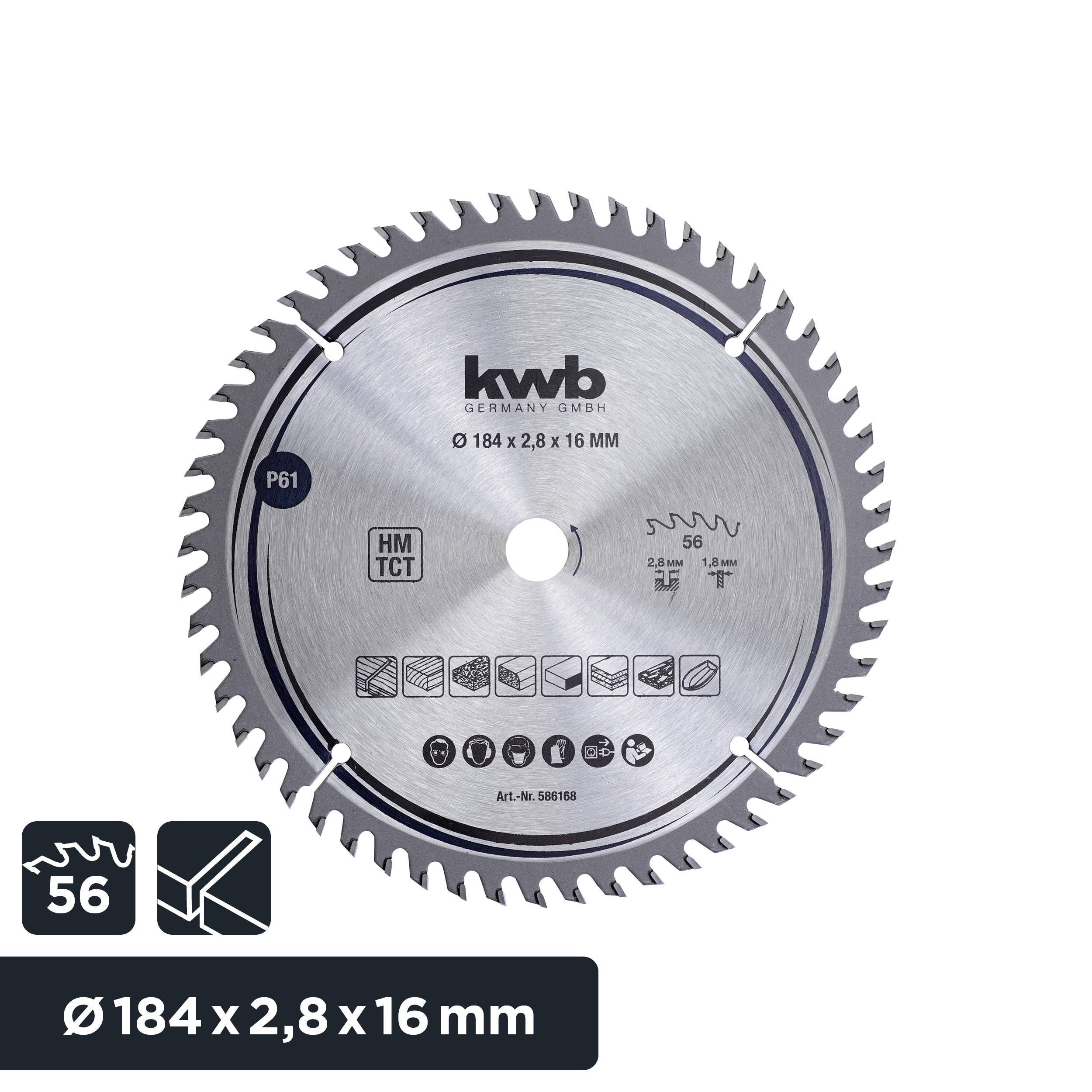 'Lame de scie avec 56 dents, diamètre de 184 mm, épaisseur de 2,8 mm, alésage de 16 mm. Convient aux travaux sur bois.'