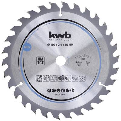 Lame de scie circulaire à 30 dents. Inscription : 'KWB Germany GmbH', diamètre 190 mm. Adaptée pour le bois, le plastique et l'aluminium.