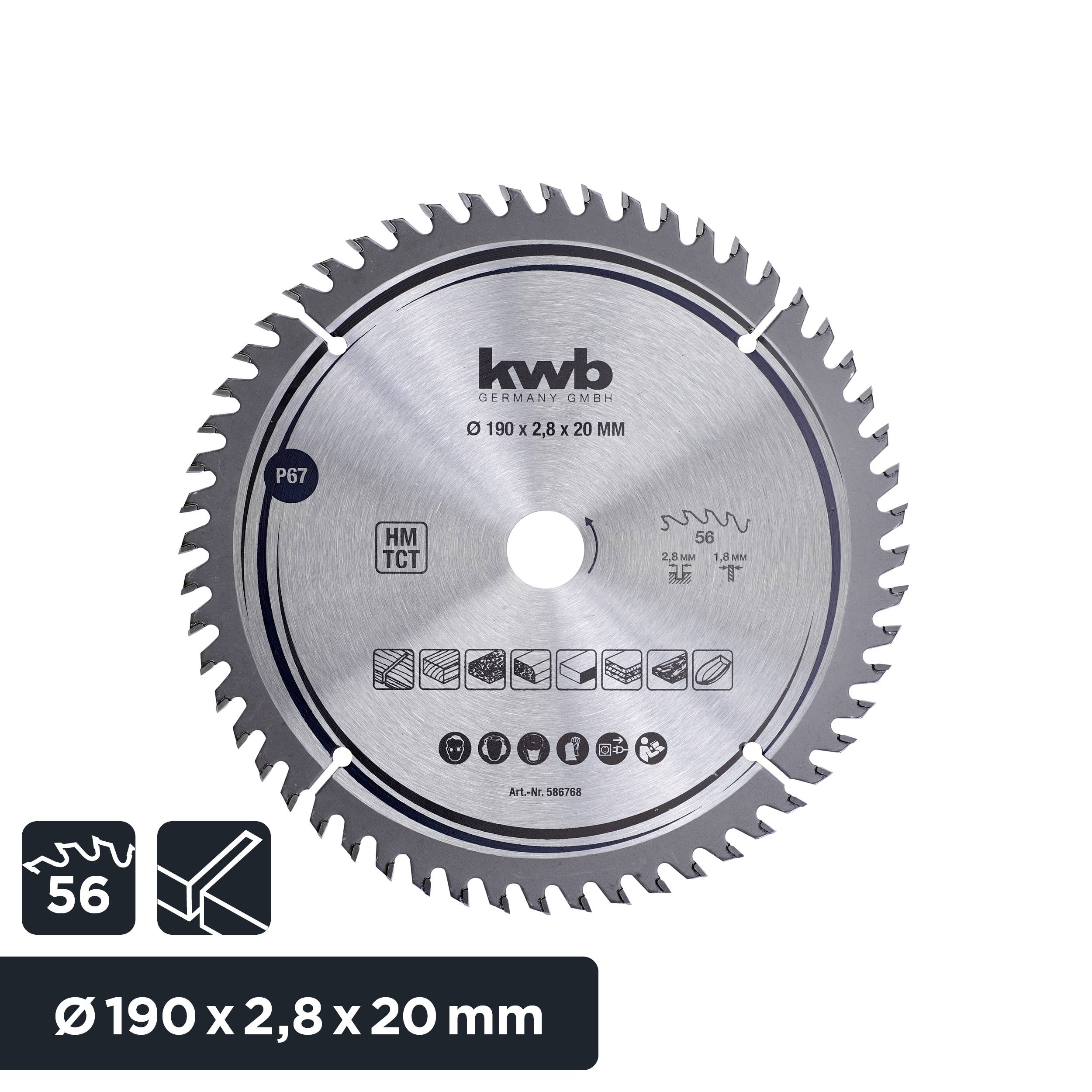 Lame de scie circulaire KWB, Ø 190 x 2,8 x 20 mm, 56 dents, adaptée pour le bois, graphique avec symboles de matériau et spécifications techniques.