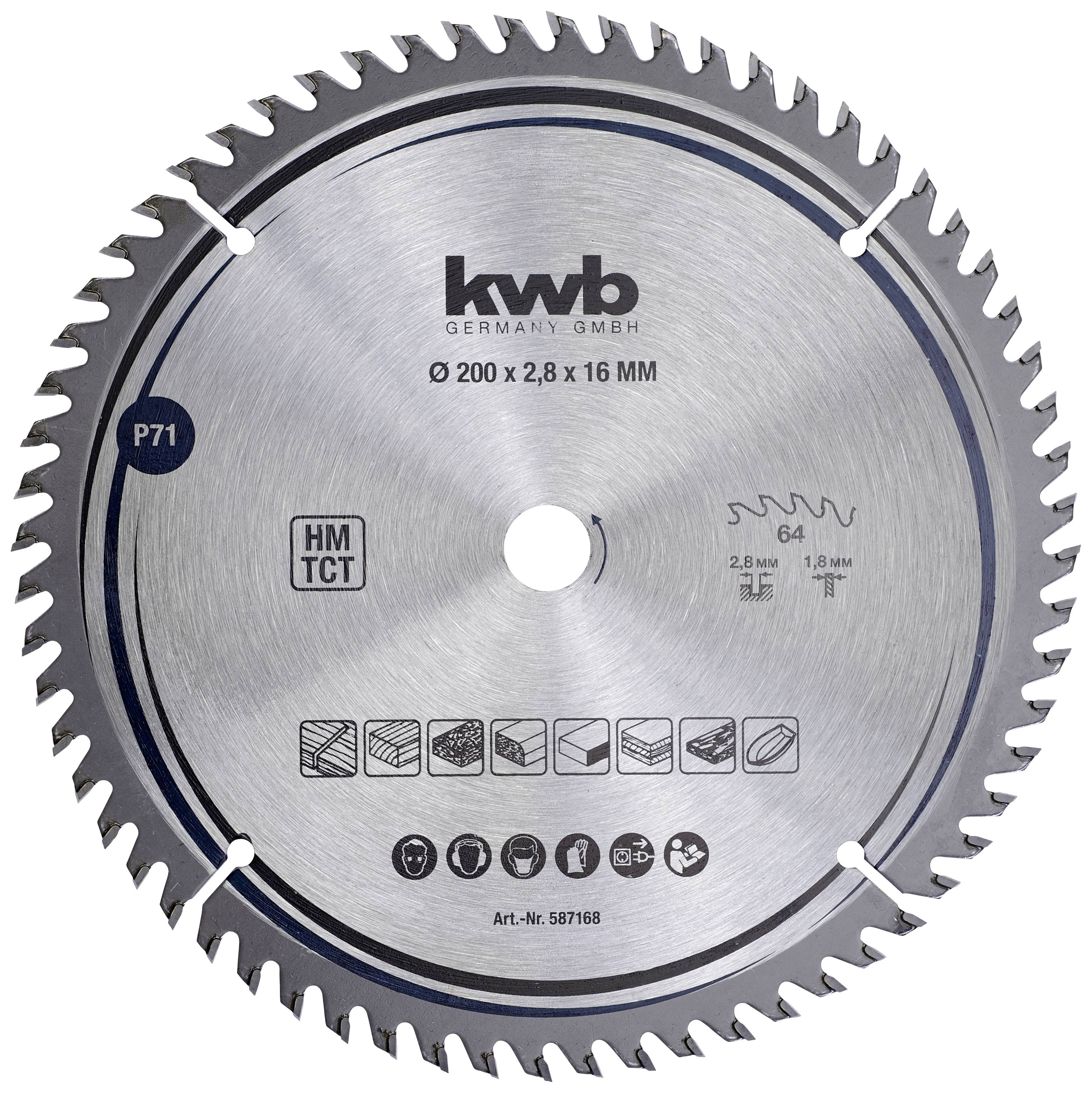 'Lame de scie circulaire, marque : kwb Germany GmbH, diamètre : 200 mm, épaisseur : 2,8 mm, alésage : 16 mm, adapté pour le travail du bois.'