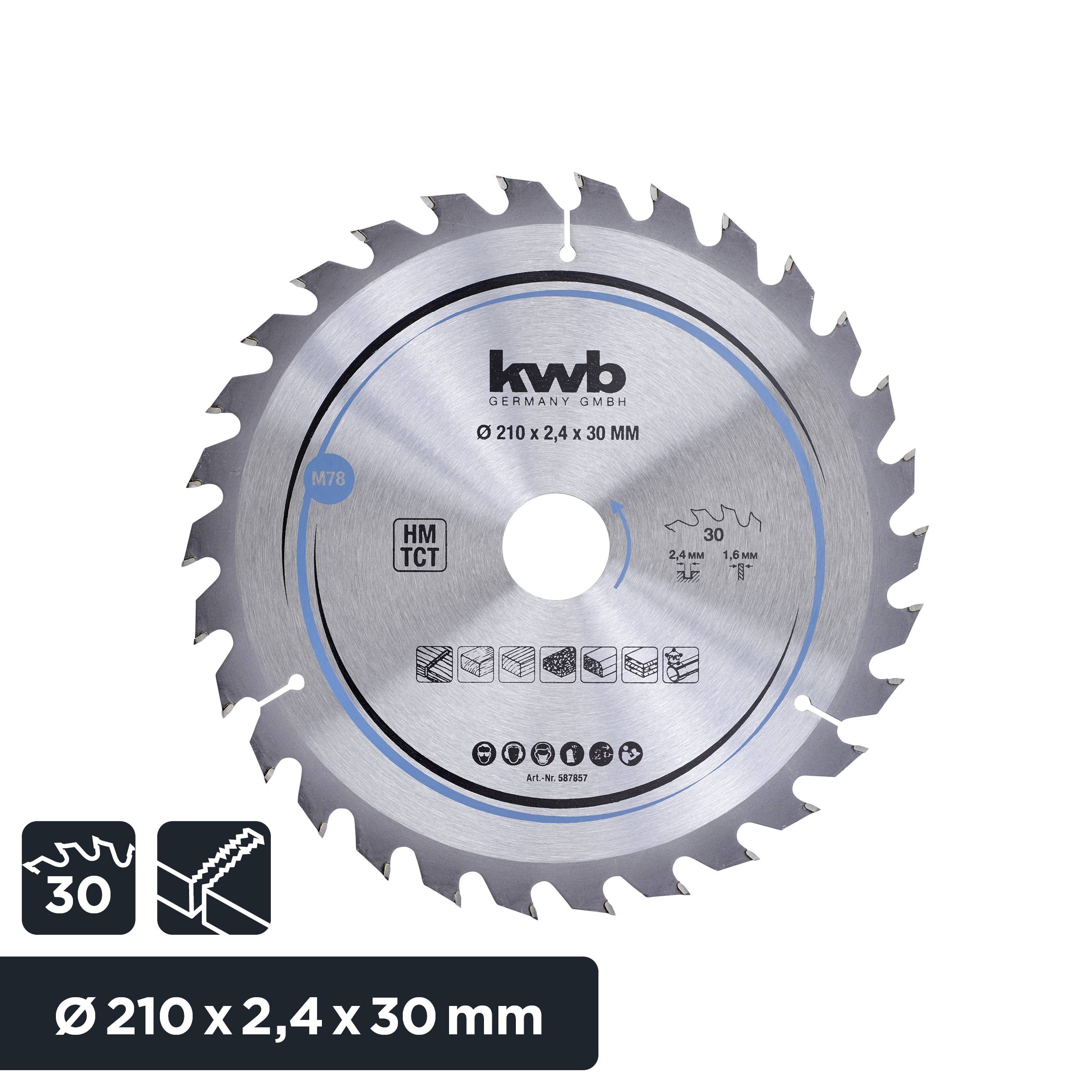 Un emballage rond de lame de scie de la marque kwb présente une lame de scie Ø 210 x 2,4 x 30 mm, adaptée pour l'usinage du métal et du bois.