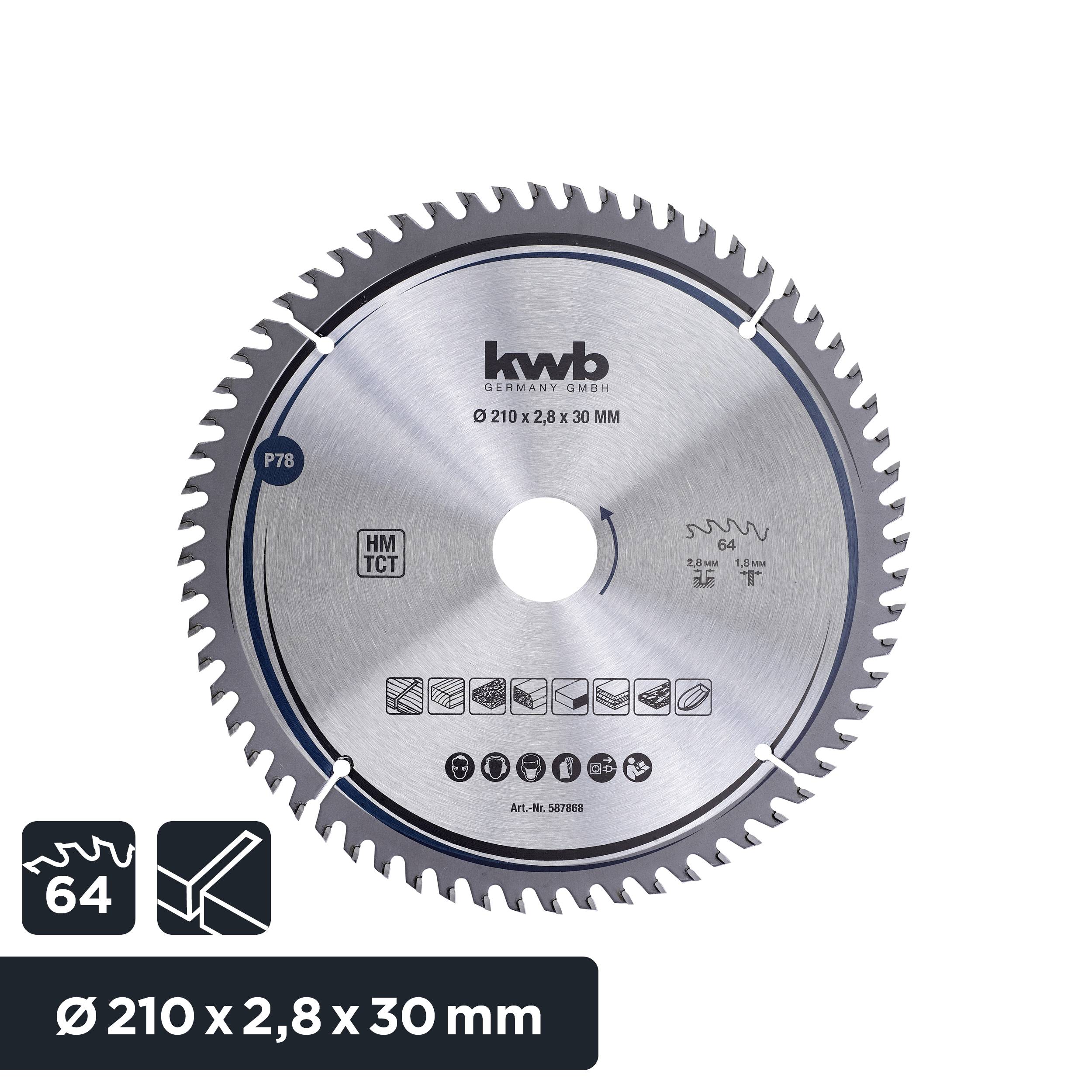 'Lame de scie avec 64 dents et Ø 210 x 2,8 x 30 mm. Adaptée pour le bois, les plastiques, les métaux. Fabricant : kwb Germany.'