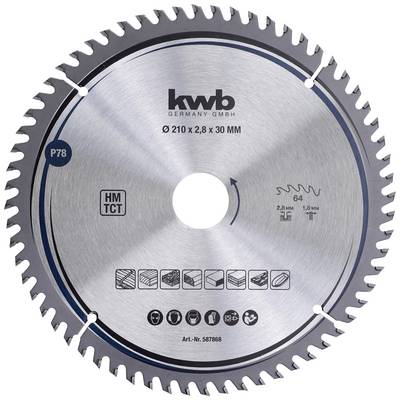 'Lame de scie avec 64 dents, adaptée au bois et à d'autres matériaux. Diamètre 210 mm, épaisseur 2,8 mm, alésage 30 mm.'