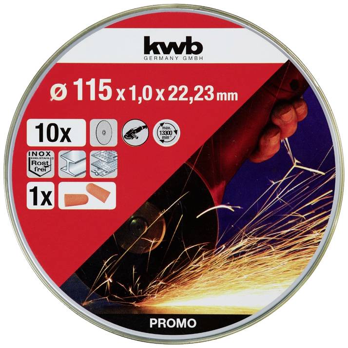 Disque pour meuleuse d'angle, Ø 115 x 1,0 x 22,23 mm, comprenant 10 disques de rechange et 1 paire de protections auditives. Offre promotionnelle.