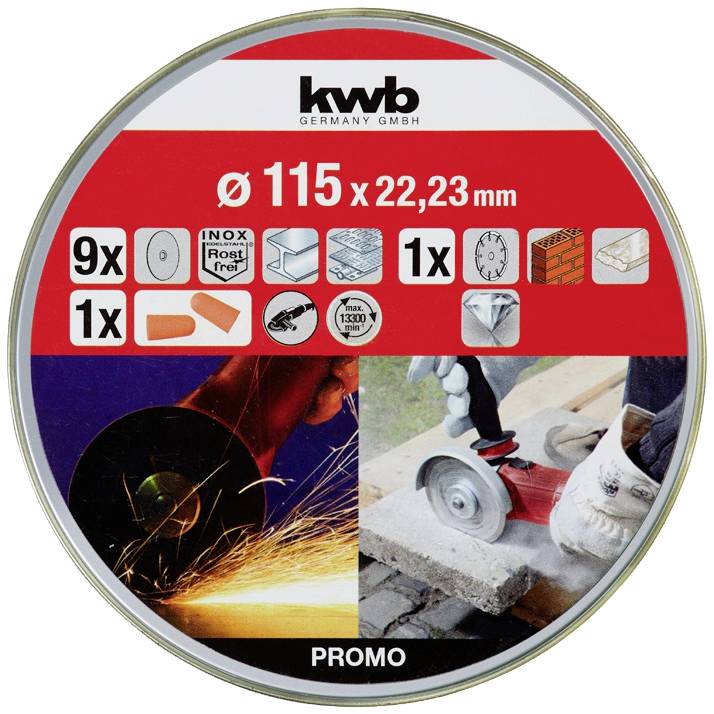 'kwb GERMANY GMBH' Ensemble de disques à meuler avec 9 disques, diamètre : 115 mm, alésage : 22,23 mm. Exemples d'applications : meulage de métal et de pierre.