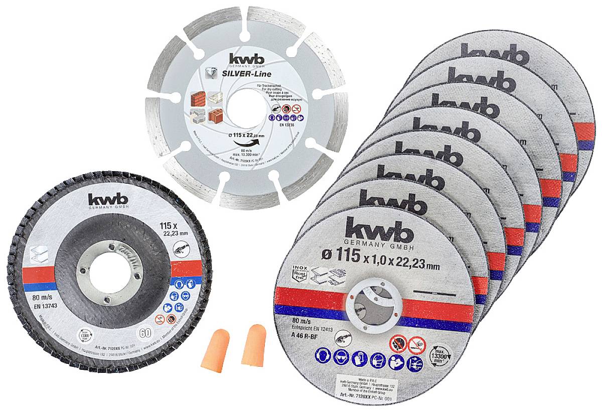 Ensemble de disques de coupe pour meuleuse d'angle, comprenant un disque diamanté et plusieurs disques métalliques. Inclut également des bouchons de protection auditive.