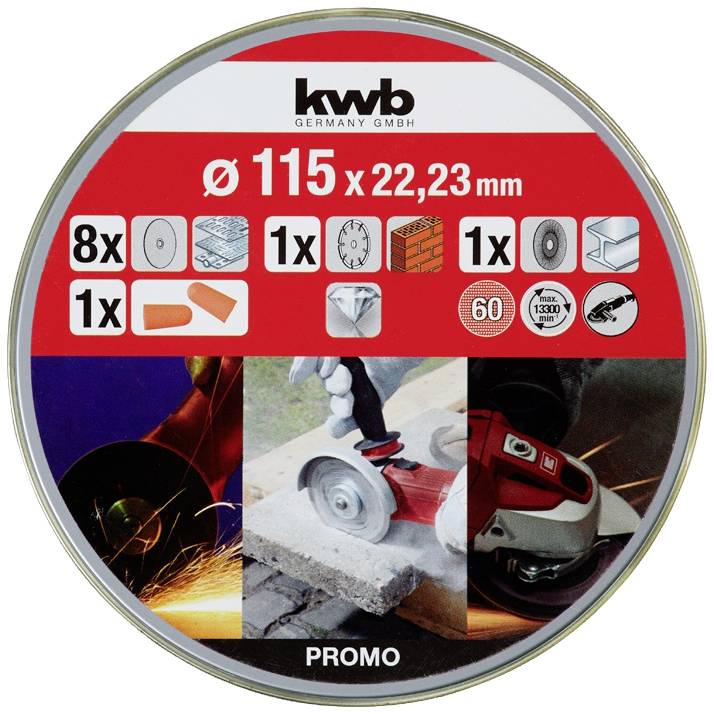 Lot de disques à tronçonner et à poncer 'kwb Germany' pour meuleuse d'angle : comprend 8 disques à poncer, 1 disque diamanté, 1 disque-brosse, 1 paire de bouchons d'oreilles.