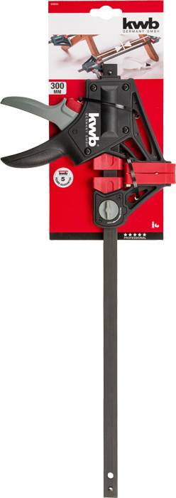 Une pince à une main de la marque KWB sur un emballage rouge. Adaptée pour maintenir ou fixer rapidement des matériaux.