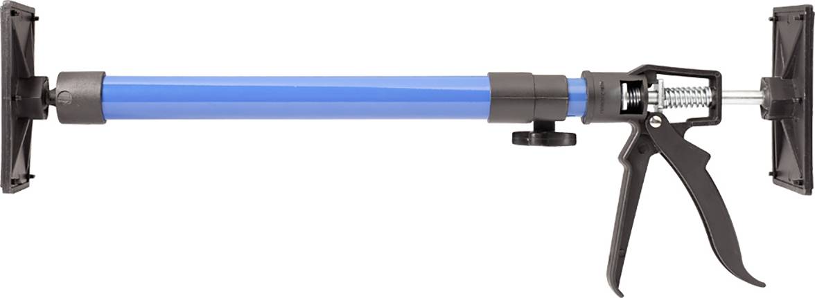 Une poutre de support bleue avec une fixation par pince noire et un levier de réglage, adaptée pour une utilisation dans les travaux de construction.